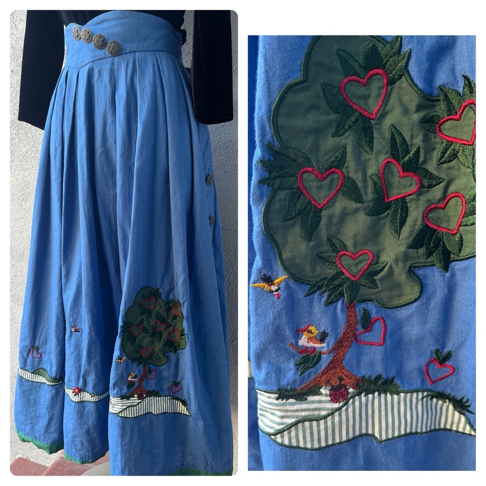 Perry Landhaus Blue Cotton Pleated Full Embroidered Nature Skirt Sz 12